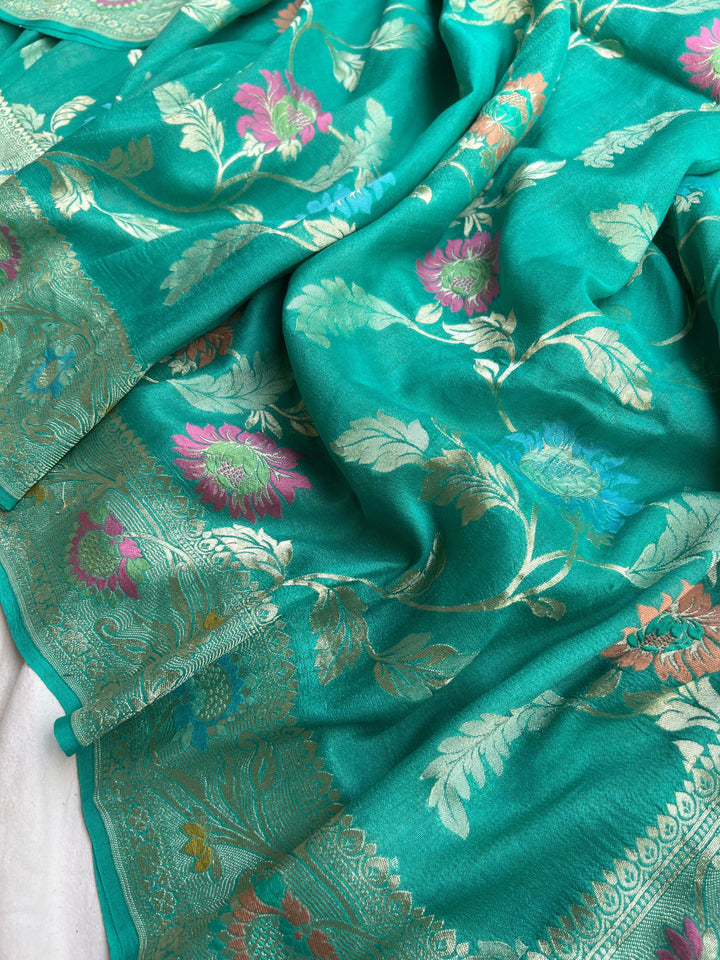 Sea Green Banarasi Handloom Pure Tussar Georgette Saree - Aura Benaras