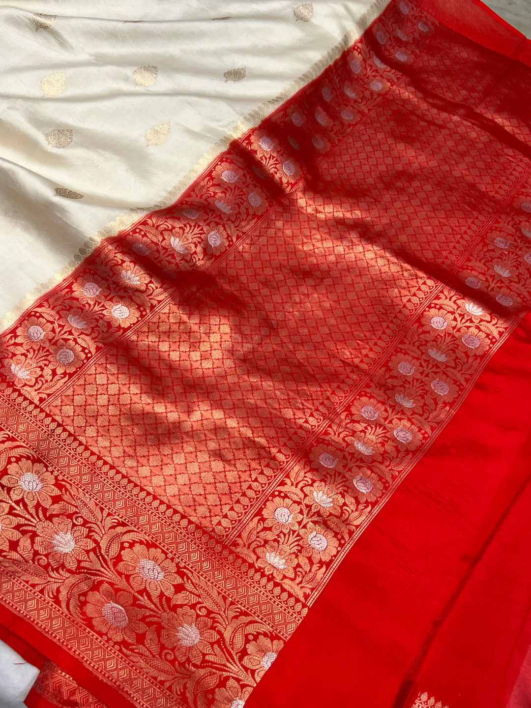Off-White Banarasi Silk Saree | Kadhwa & Sona Rupa Border
