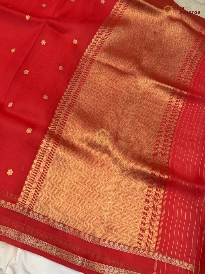 Red Banarasi Handloom Kora Silk Saree - Aura Benaras