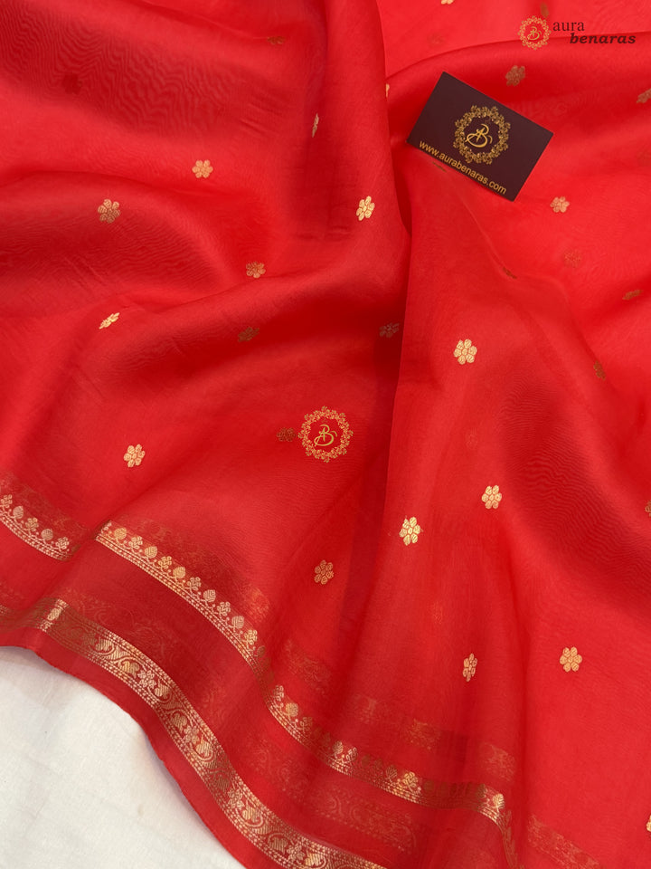 Red Banarasi Handloom Kora Silk Saree - Aura Benaras