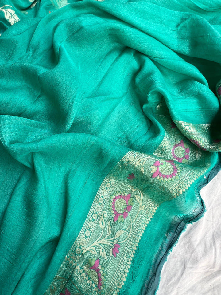 Sea Green Banarasi Handloom Pure Tussar Georgette Saree - Aura Benaras