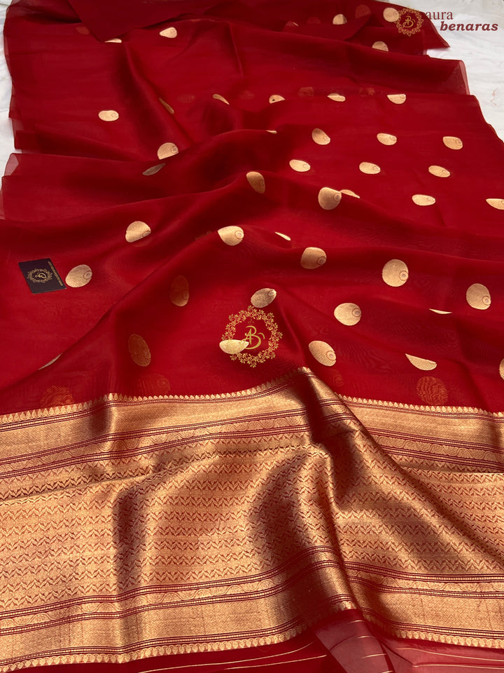Dark Red Pure Banarasi Handloom Kora Silk Saree