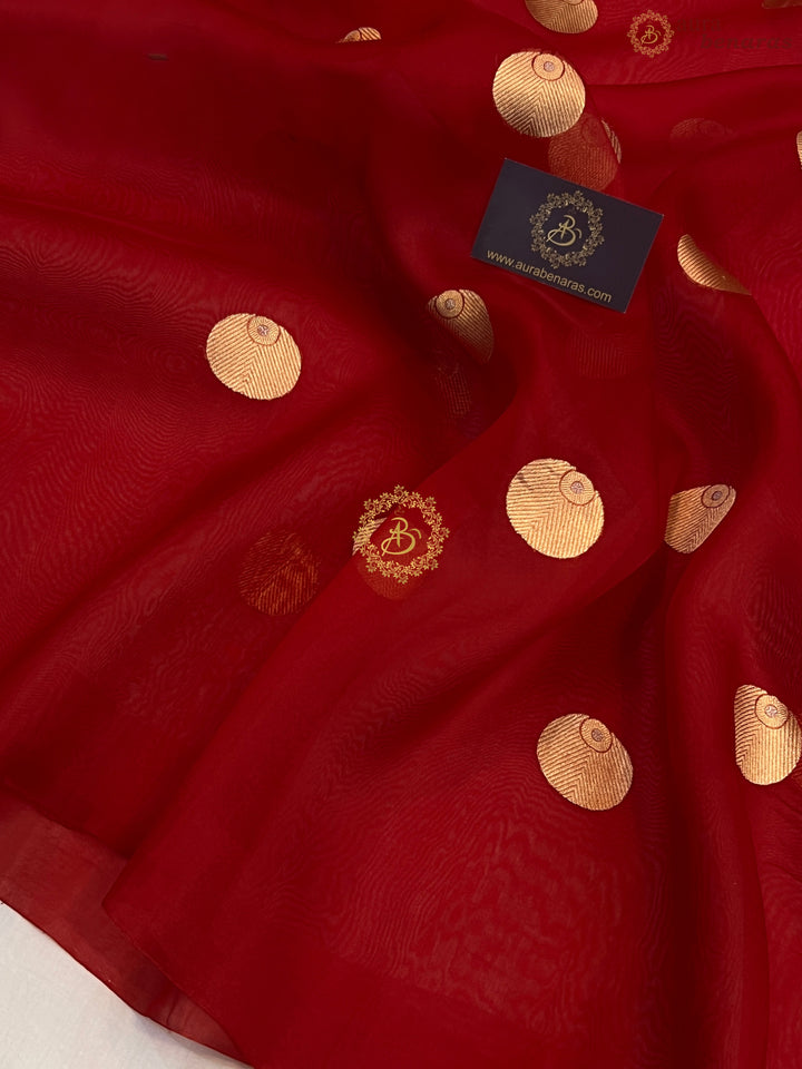 Dark Red Pure Banarasi Handloom Kora Silk Saree