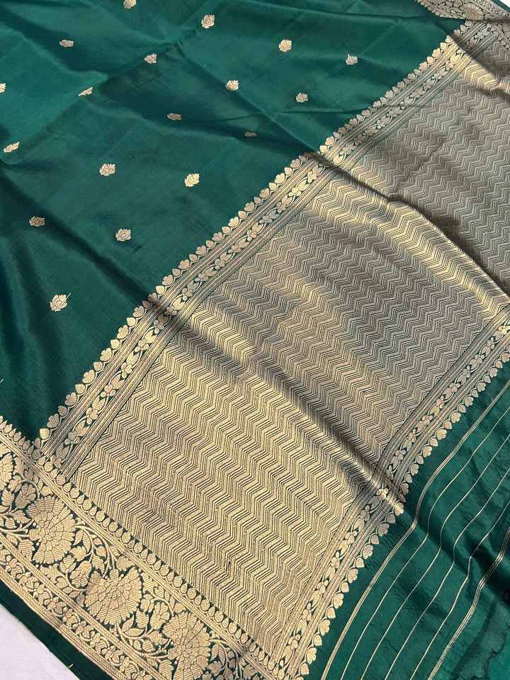 Bottle Green Pure Banarasi Handloom Silk Saree - Aura Benaras