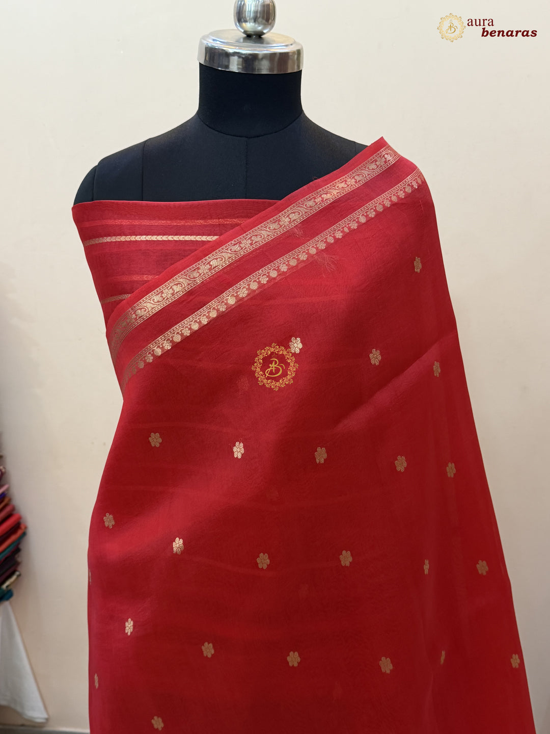 Red Banarasi Handloom Kora Silk Saree - Aura Benaras