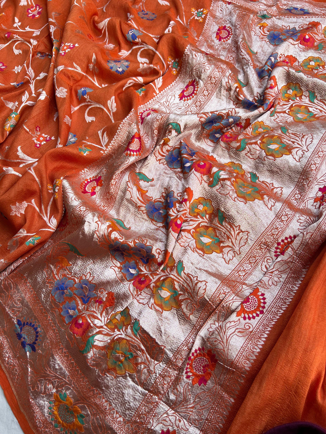 Orange Banarasi Handloom Pure Tussar Georgette Saree - Aura Benaras