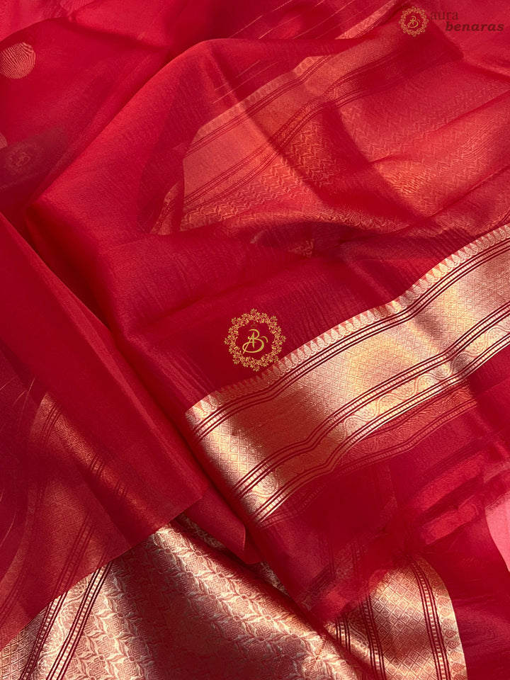 Dark Red Pure Banarasi Handloom Kora Silk Saree