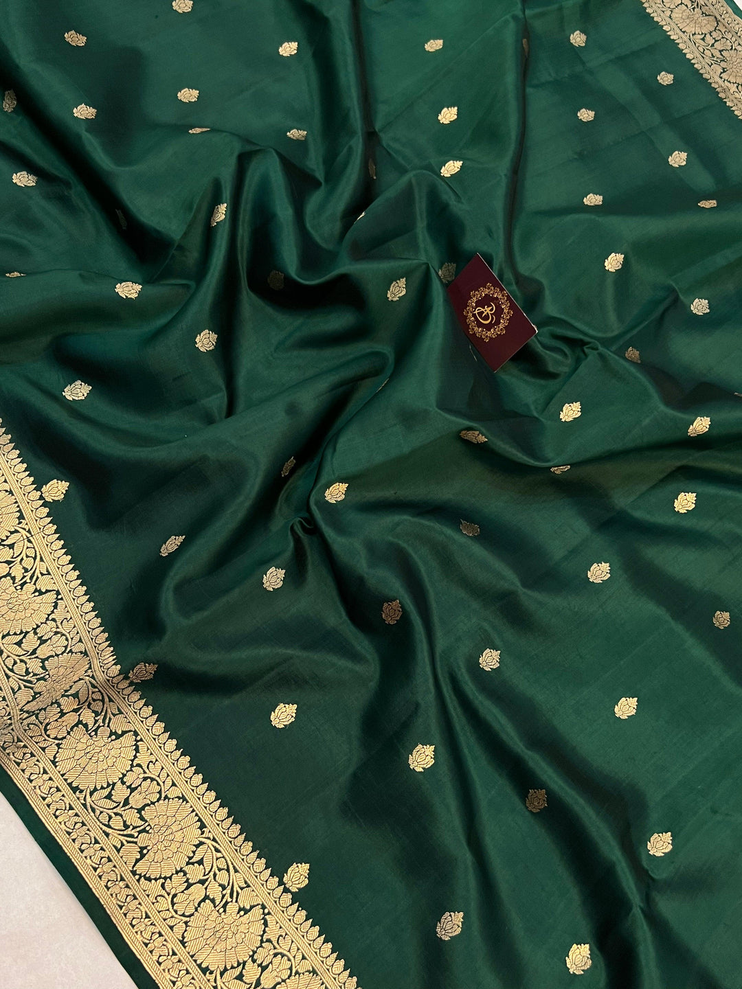 Bottle Green Pure Banarasi Handloom Silk Saree - Aura Benaras