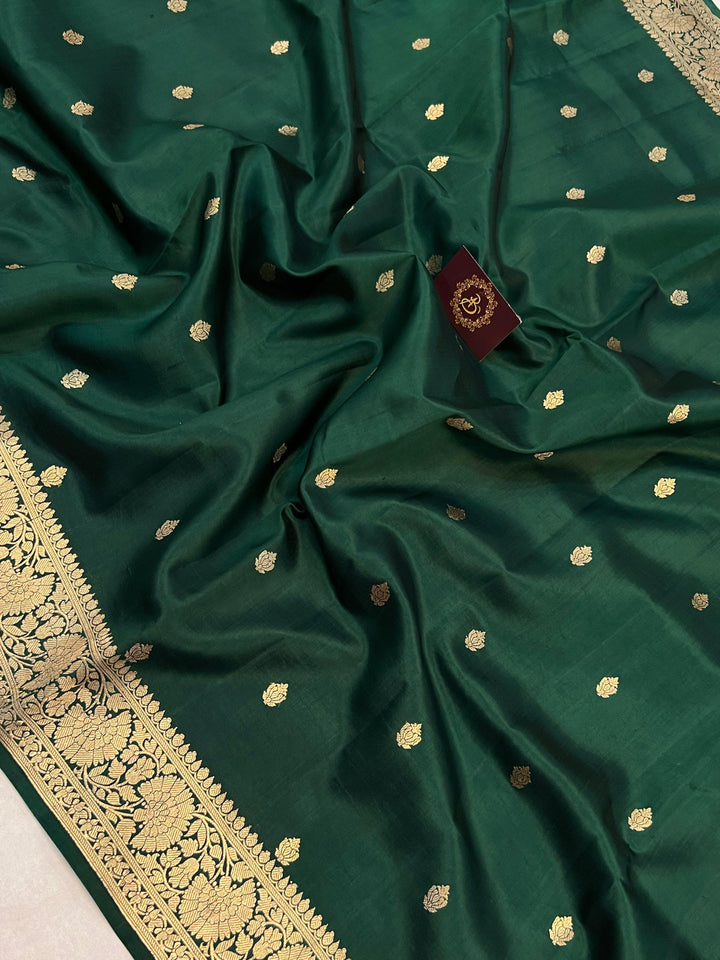 Bottle Green Pure Banarasi Handloom Silk Saree - Aura Benaras