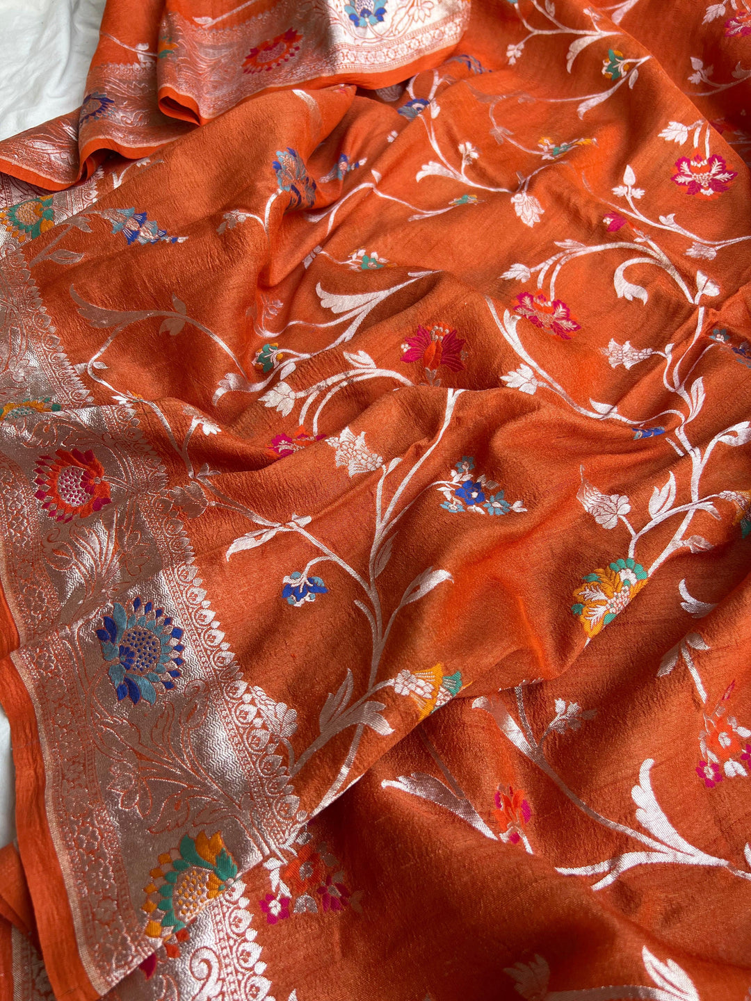 Orange Banarasi Handloom Pure Tussar Georgette Saree - Aura Benaras