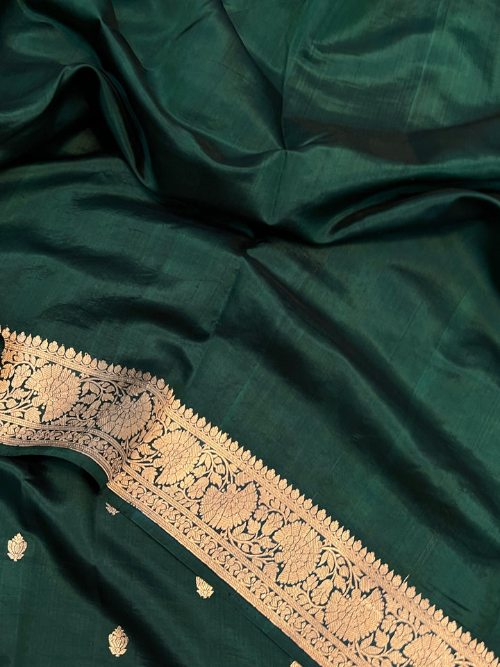 Bottle Green Pure Banarasi Handloom Silk Saree - Aura Benaras