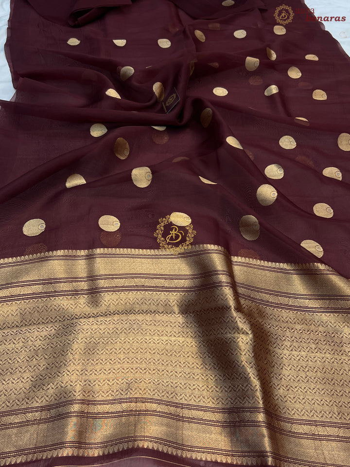Brown Pure Banarasi Handloom Kora Silk Saree
