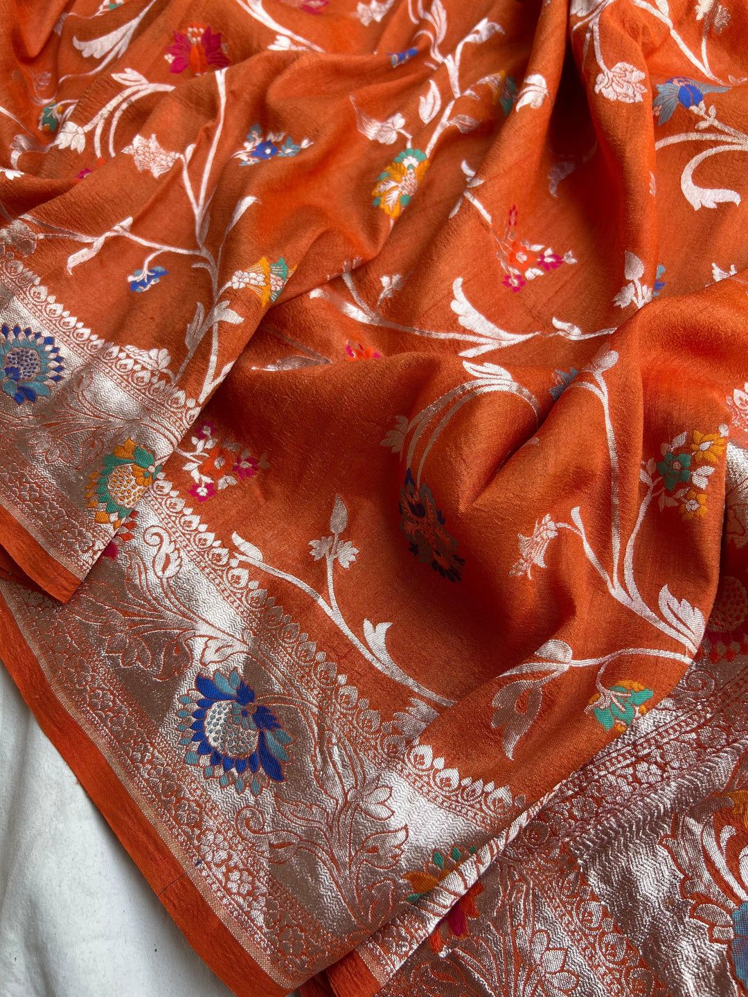Orange Banarasi Handloom Pure Tussar Georgette Saree - Aura Benaras