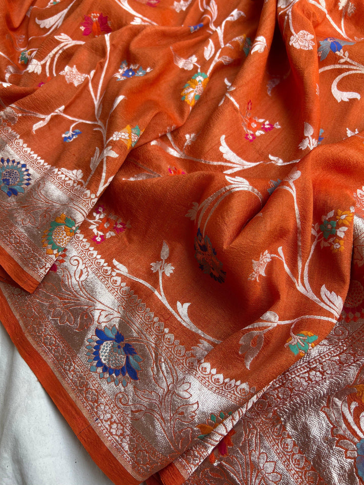 Orange Banarasi Handloom Pure Tussar Georgette Saree - Aura Benaras