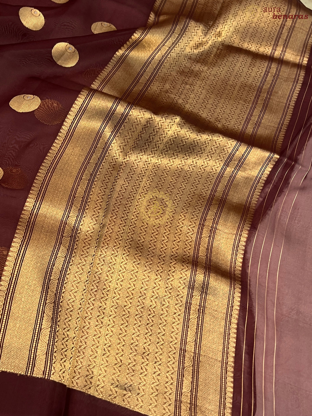 Brown Pure Banarasi Handloom Kora Silk Saree