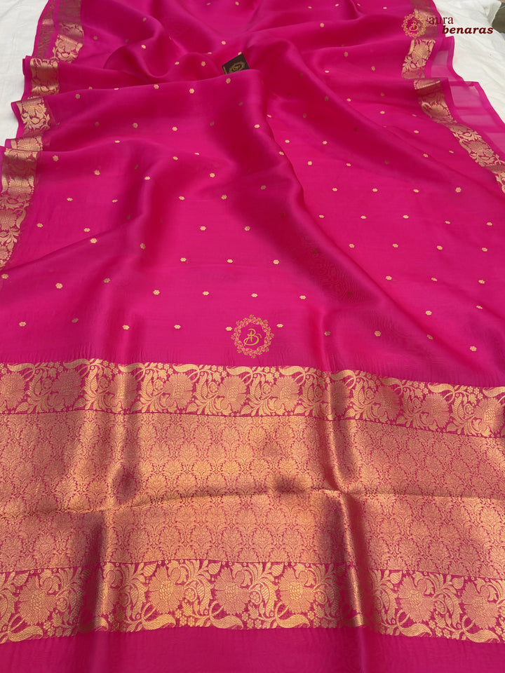 Rani Pink Handloom Banarasi Saree with Kadhwa Golden Zari Motifs