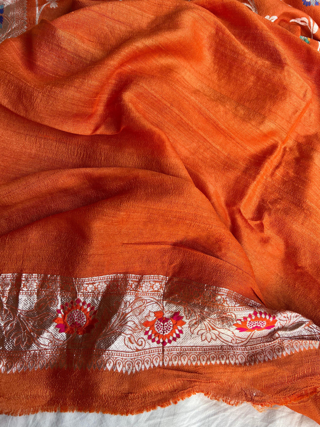 Orange Banarasi Handloom Pure Tussar Georgette Saree - Aura Benaras