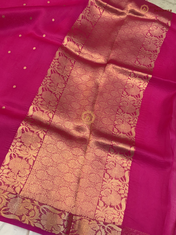 Rani Pink Handloom Banarasi Saree with Kadhwa Golden Zari Motifs