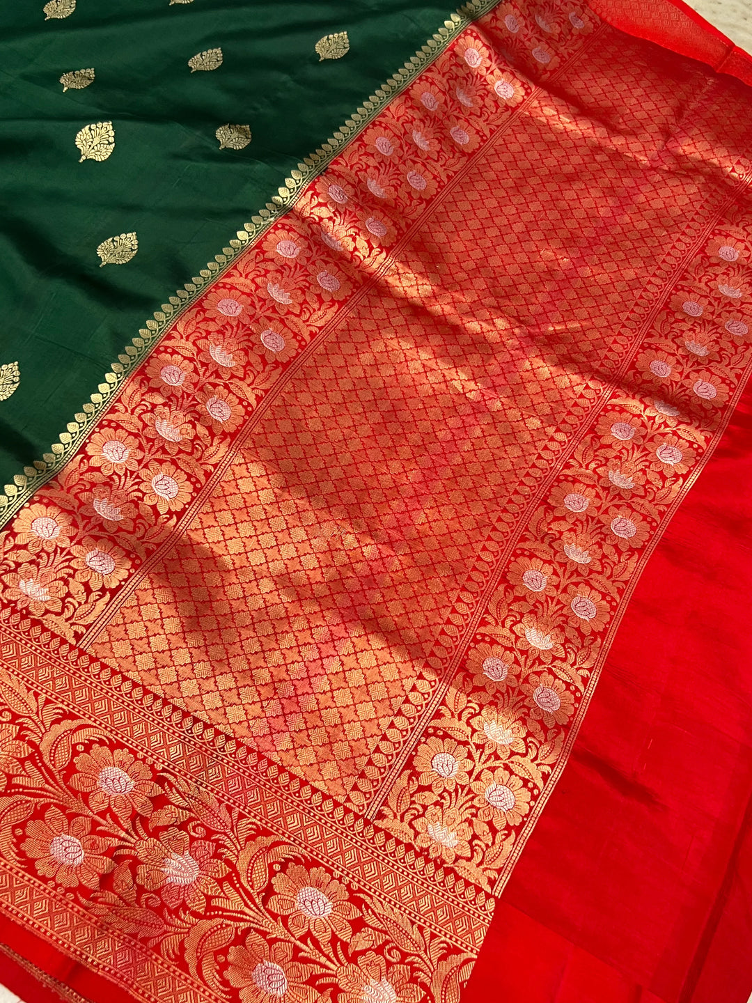 Bottle Green Banarasi Silk Saree | Kadhwa & Sona Rupa Border