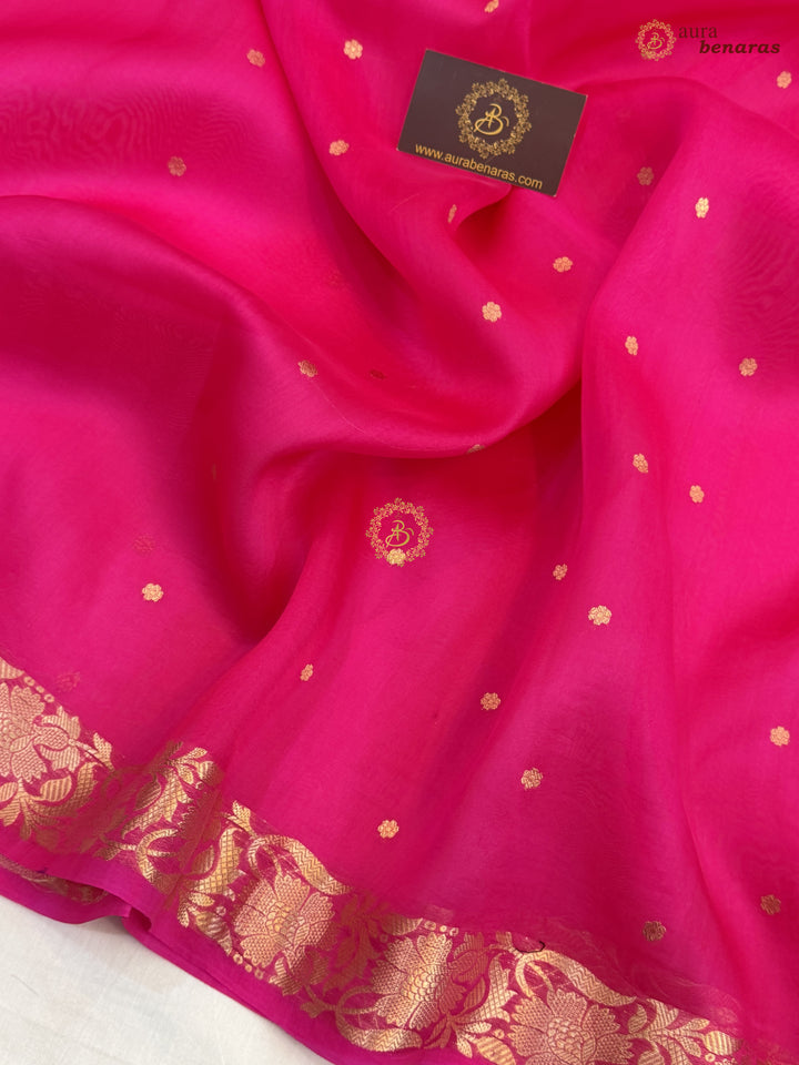 Rani Pink Handloom Banarasi Saree with Kadhwa Golden Zari Motifs