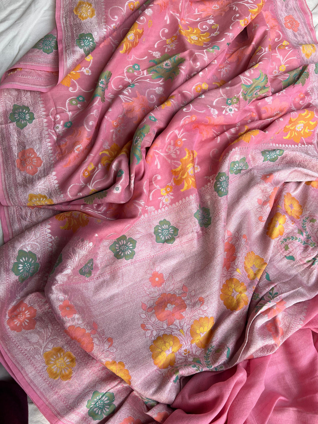 Light Pink Banarasi Handloom Pure Tussar Georgette Saree - Aura Benaras