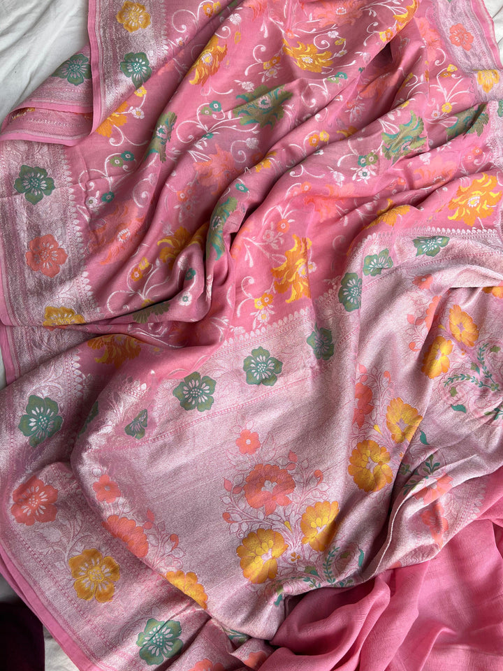 Light Pink Banarasi Handloom Pure Tussar Georgette Saree - Aura Benaras