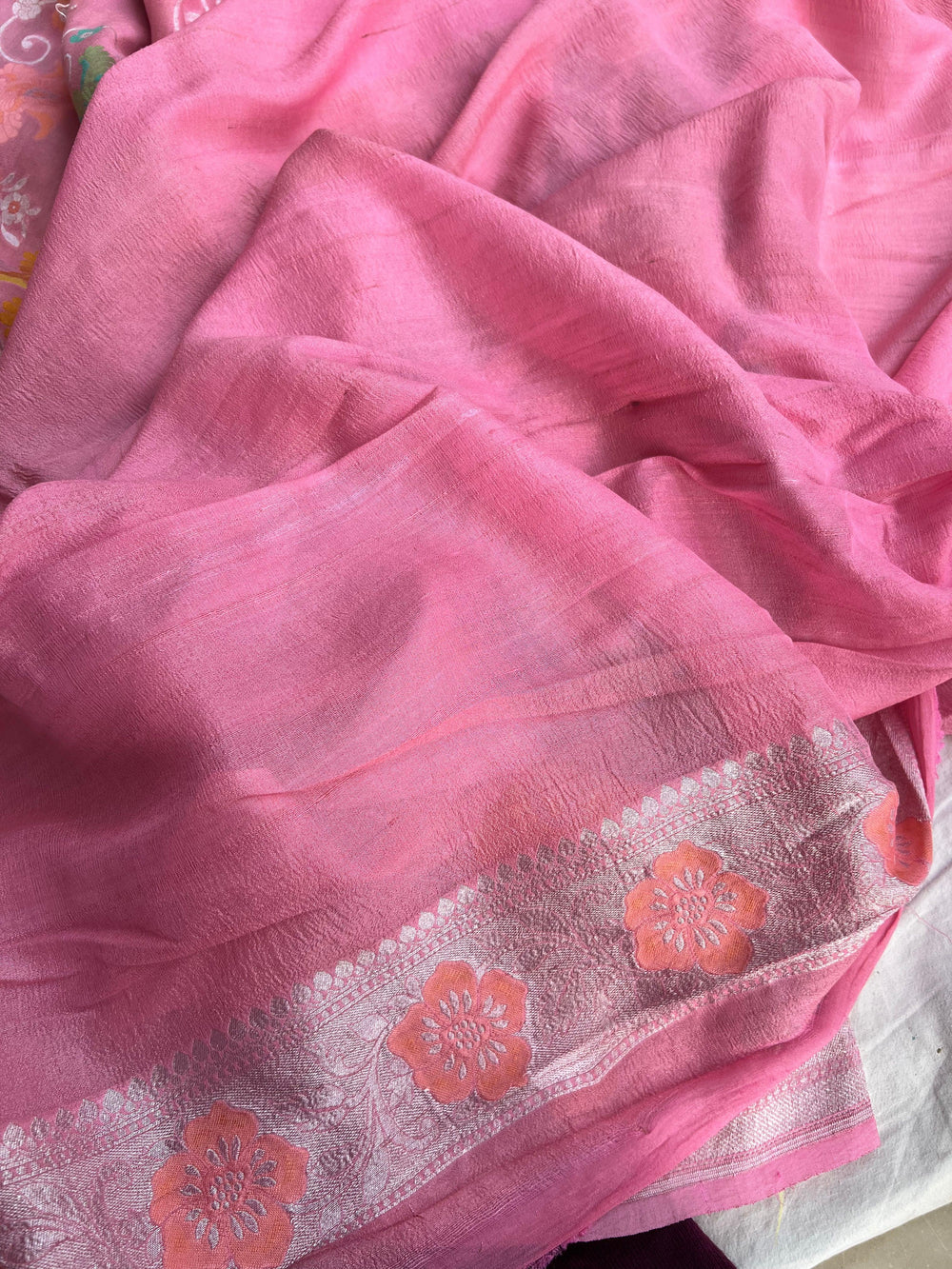 Light Pink Banarasi Handloom Pure Tussar Georgette Saree - Aura Benaras