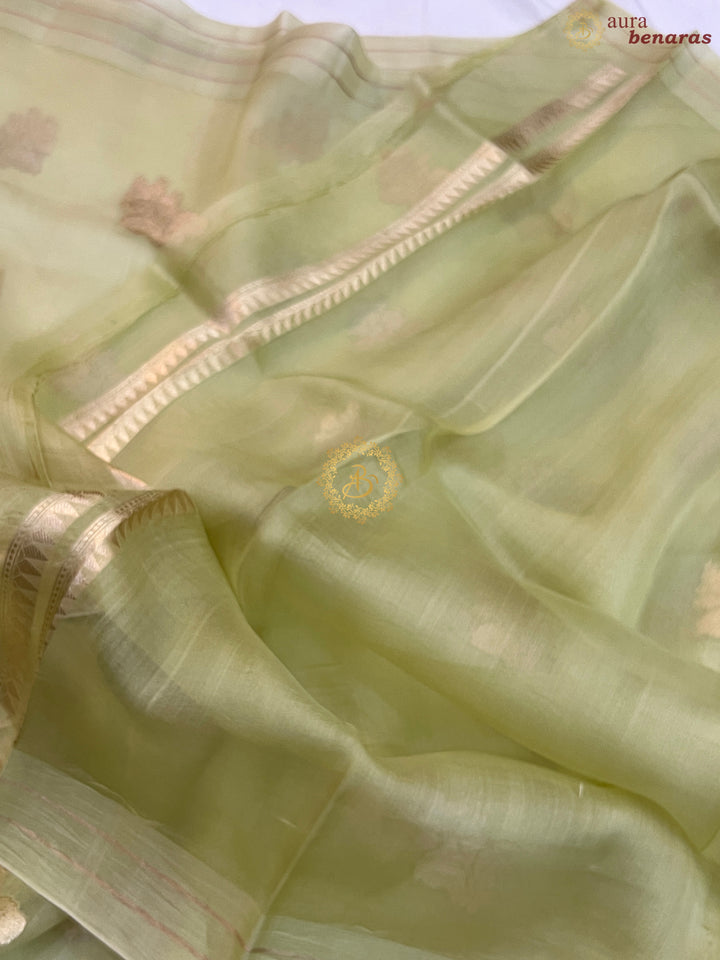 Light Pista Green Pure Banarasi Handloom Kora Silk Saree