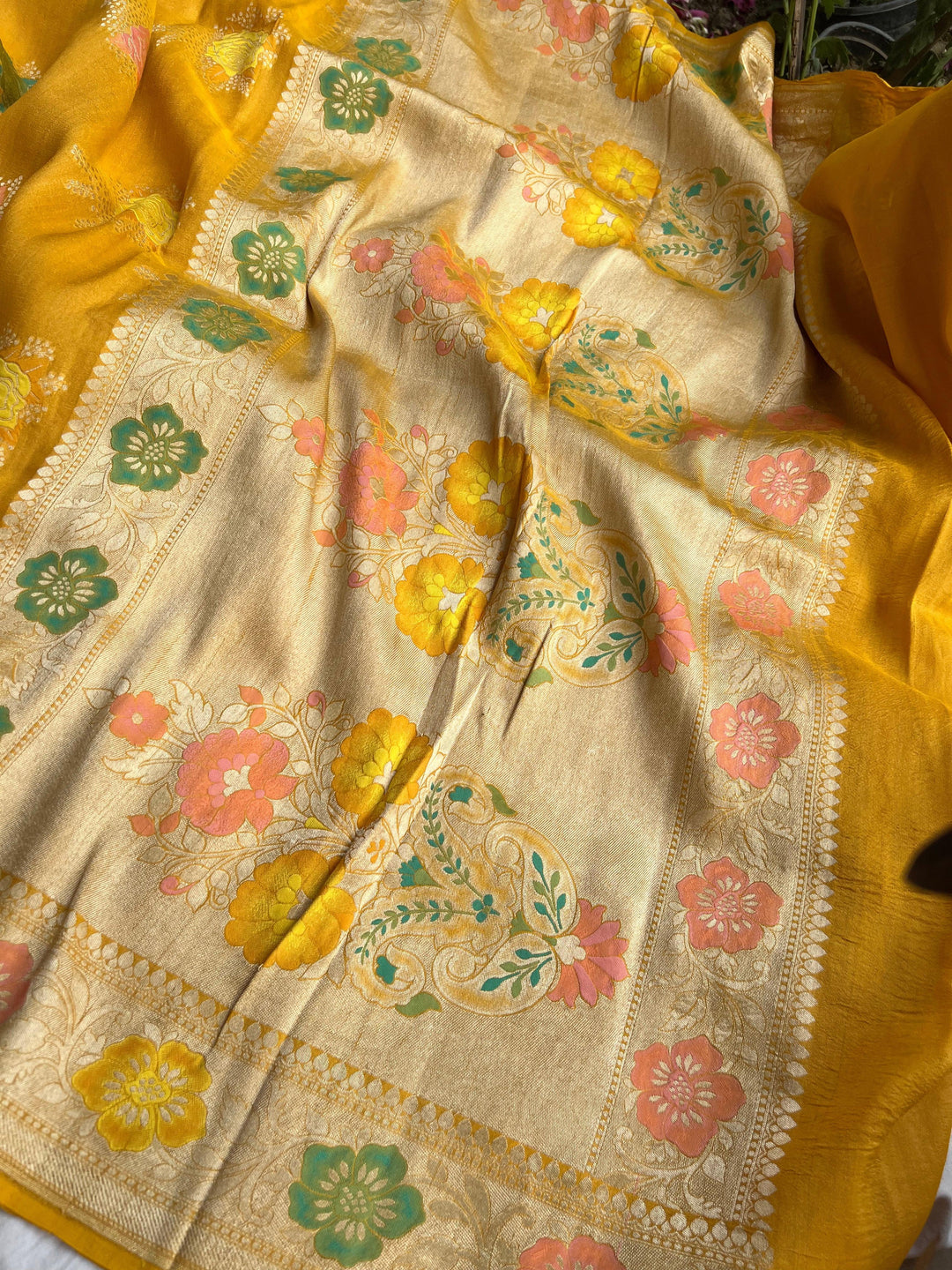 Yellow Banarasi Handloom Pure Tussar Georgette Saree - Aura Benaras