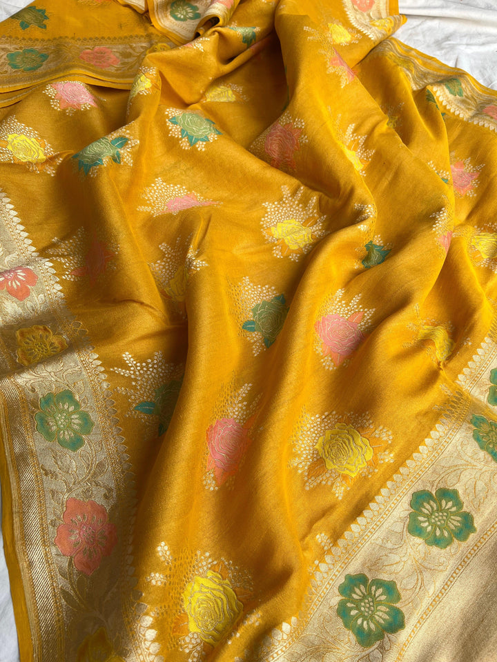 Yellow Banarasi Handloom Pure Tussar Georgette Saree - Aura Benaras