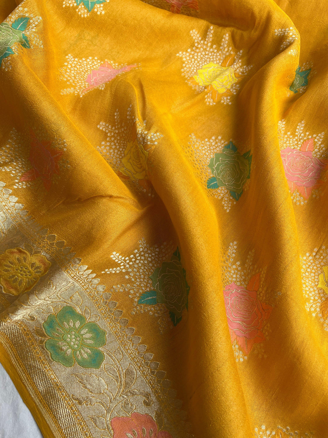 Yellow Banarasi Handloom Pure Tussar Georgette Saree - Aura Benaras