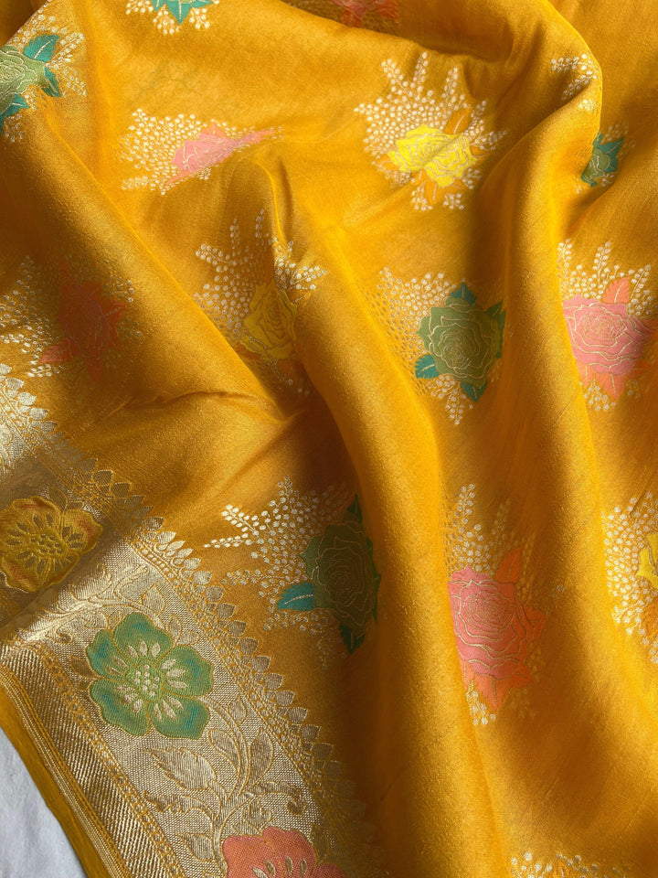 Yellow Banarasi Handloom Pure Tussar Georgette Saree - Aura Benaras