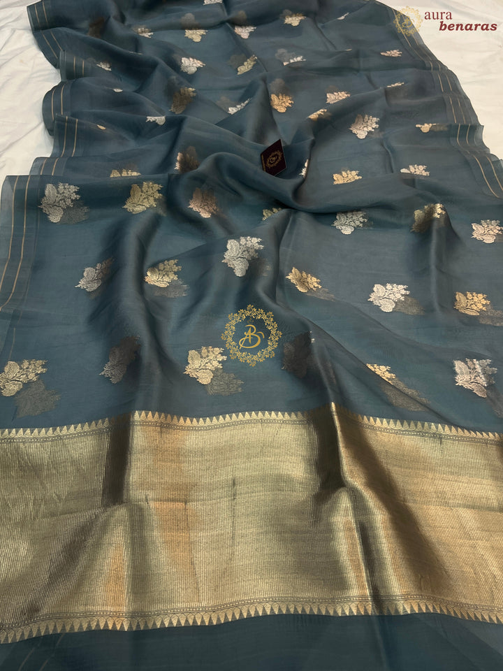 Greyish Blue Pure Banarasi Handloom Kora Silk Saree