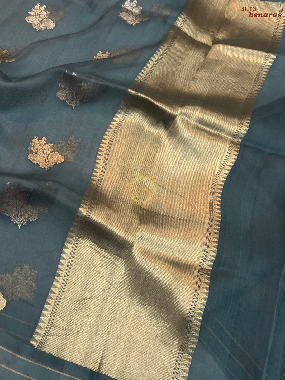 Greyish Blue Pure Banarasi Handloom Kora Silk Saree