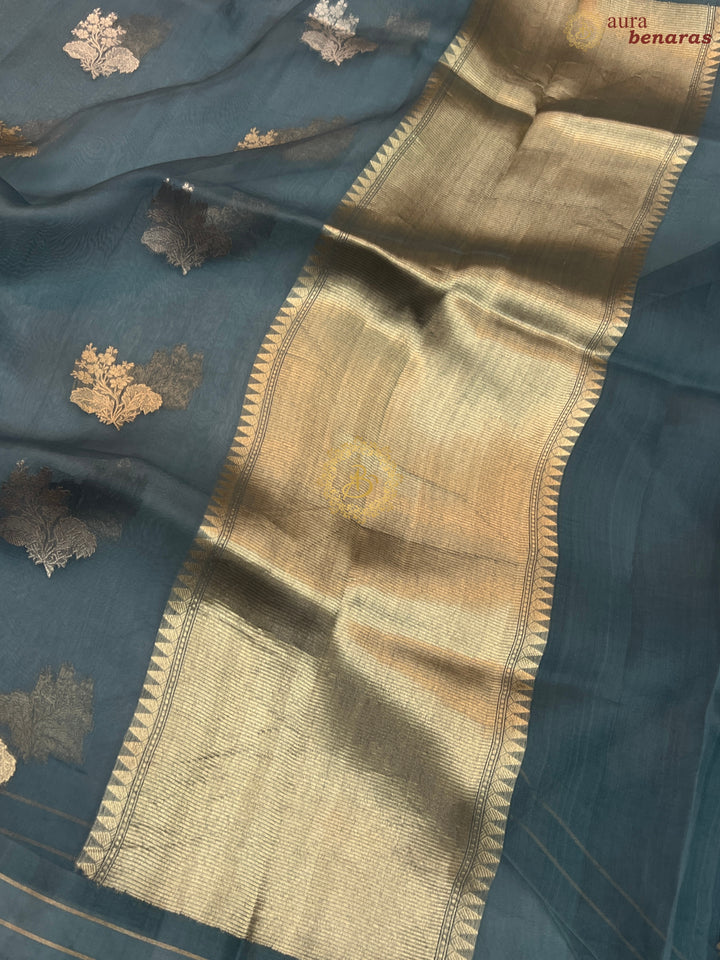 Greyish Blue Pure Banarasi Handloom Kora Silk Saree