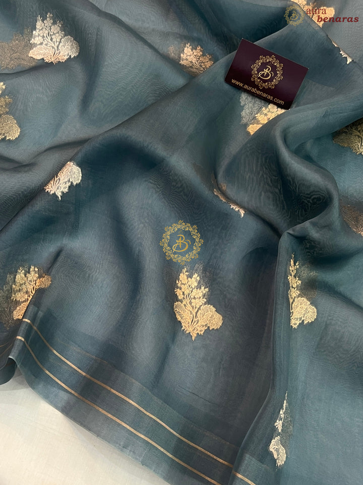 Greyish Blue Pure Banarasi Handloom Kora Silk Saree