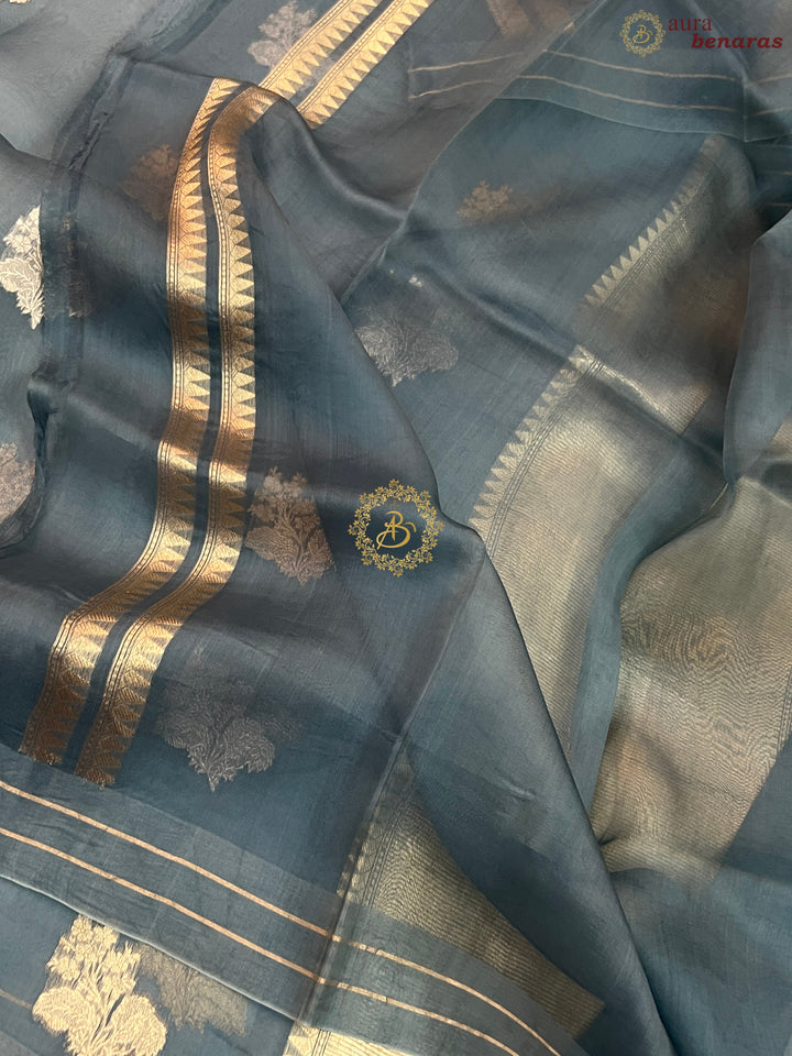 Greyish Blue Pure Banarasi Handloom Kora Silk Saree
