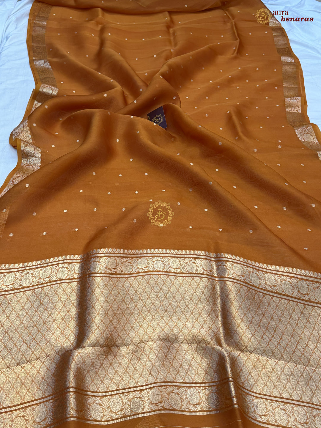 Earthy Orange Pure Handloom Banarasi Saree with Kadhwa Golden Zari Motifs