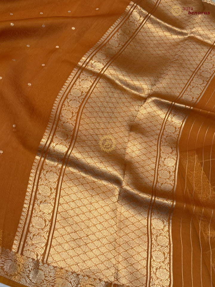 Earthy Orange Pure Handloom Banarasi Saree with Kadhwa Golden Zari Motifs