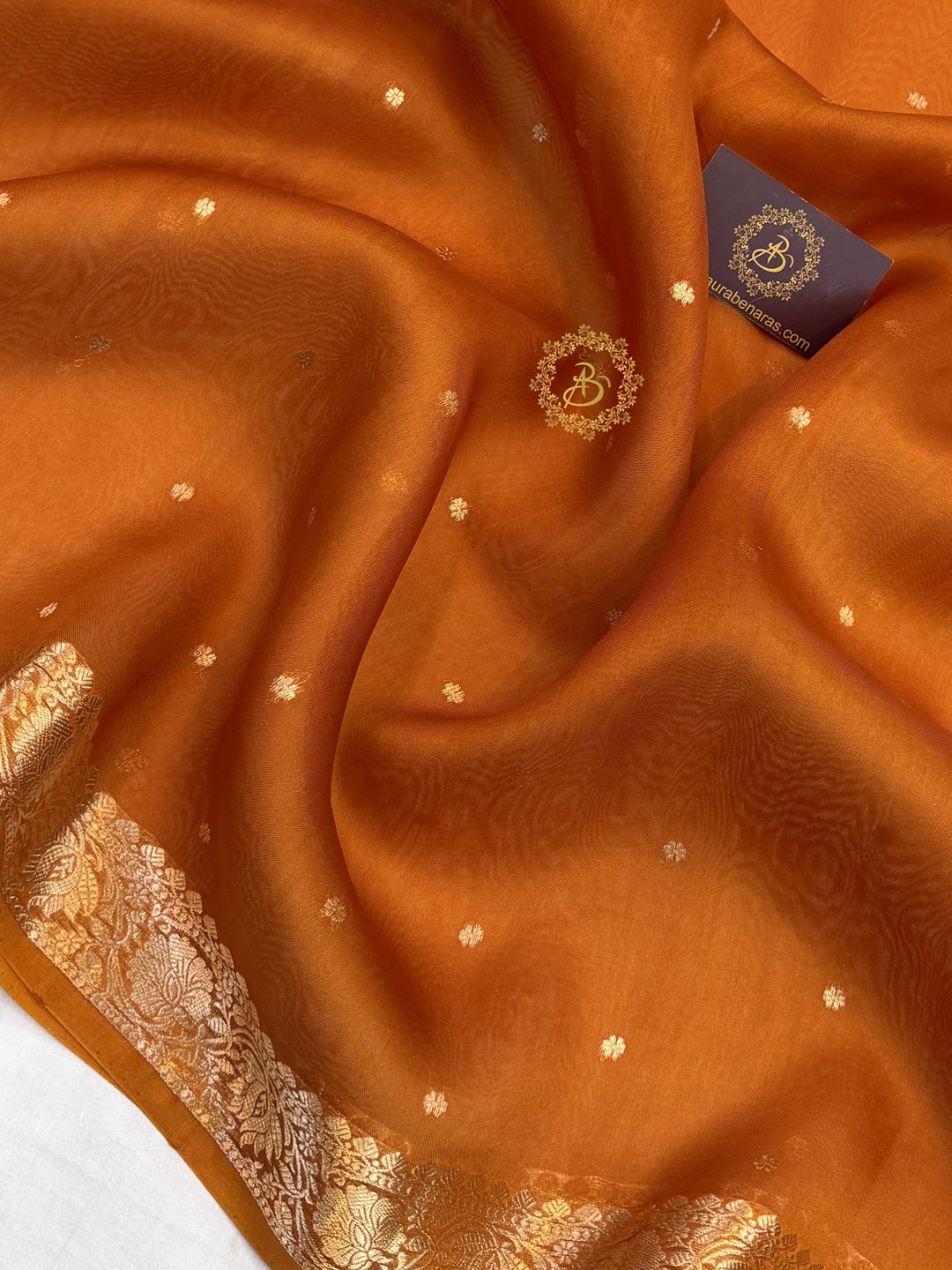 Earthy Orange Pure Handloom Banarasi Saree with Kadhwa Golden Zari Motifs