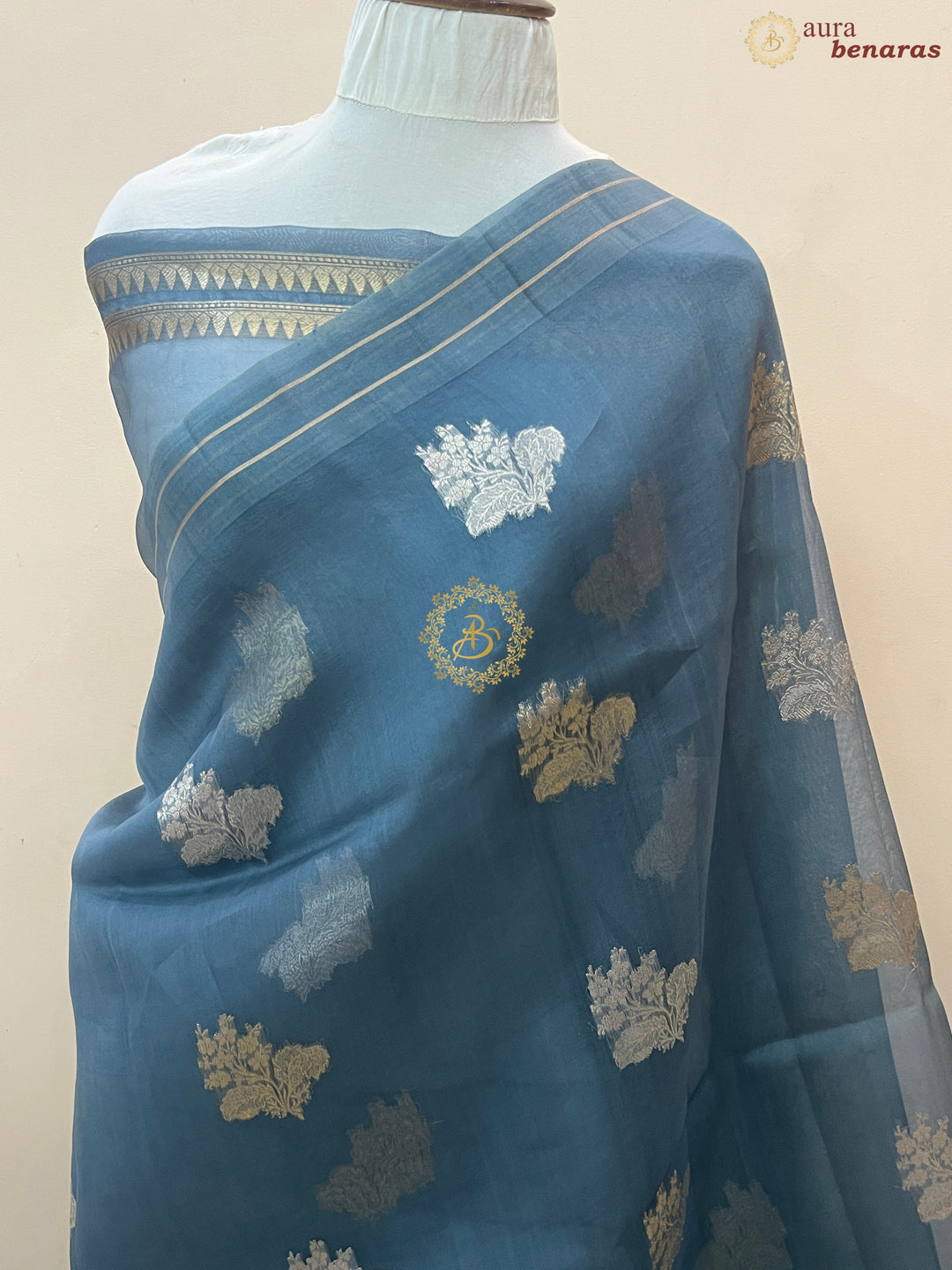 Greyish Blue Pure Banarasi Handloom Kora Silk Saree