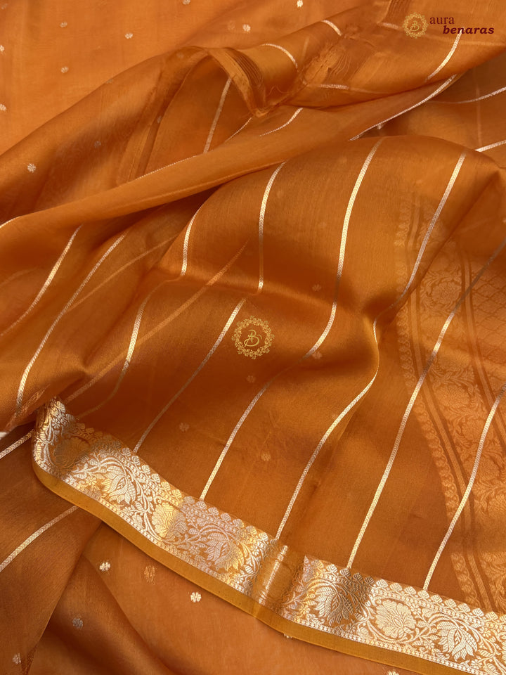 Earthy Orange Pure Handloom Banarasi Saree with Kadhwa Golden Zari Motifs