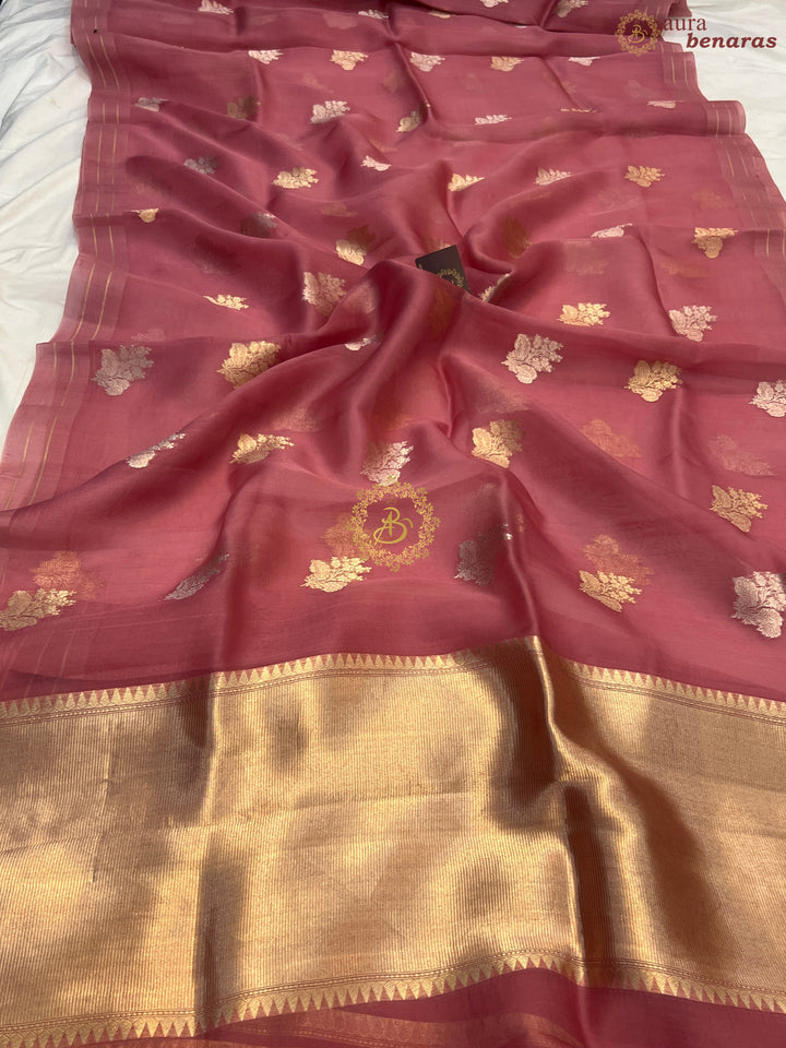 Onion Pink Pure Banarasi Handloom Kora Silk Saree