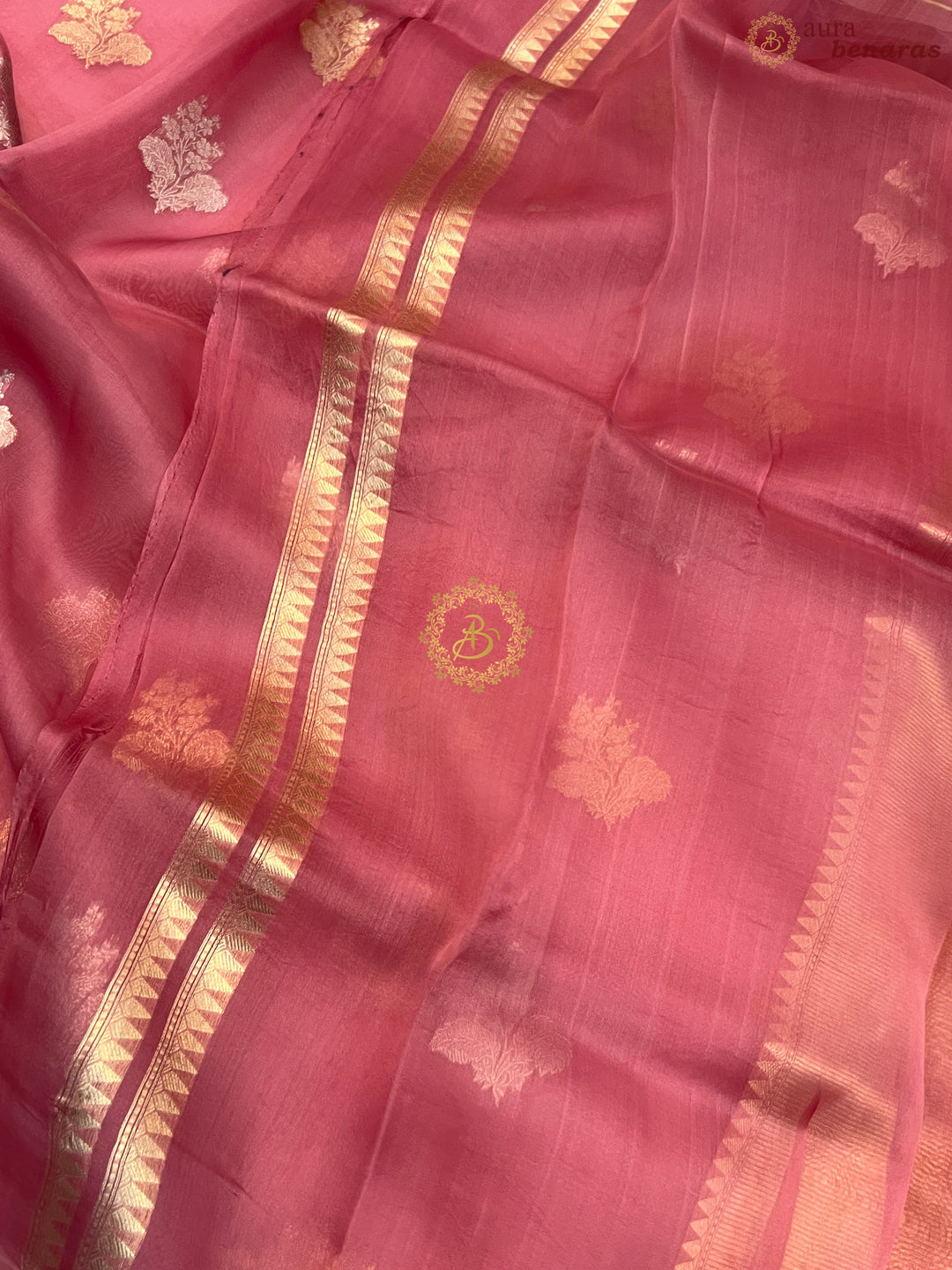 Onion Pink Pure Banarasi Handloom Kora Silk Saree