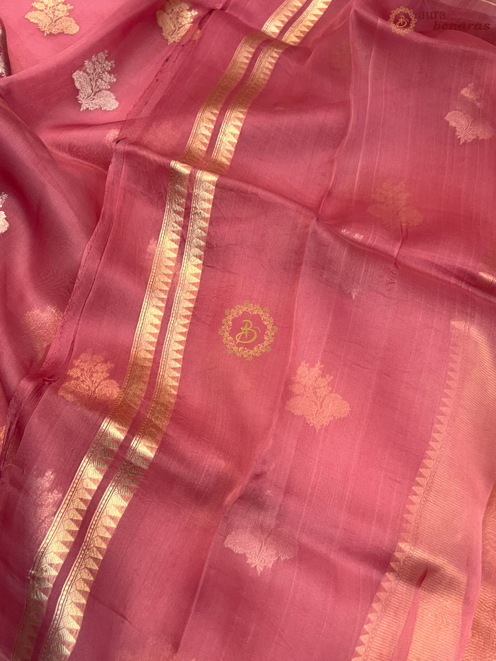 Onion Pink Pure Banarasi Handloom Kora Silk Saree