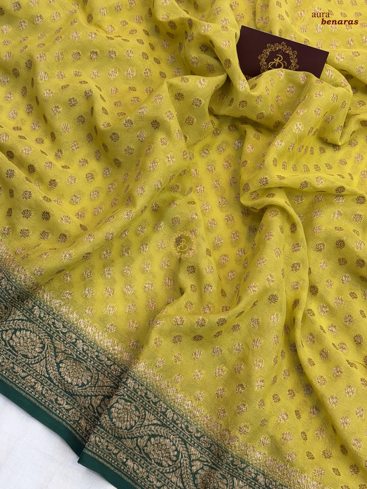 Dusty Green Banarasi Georgette Saree Antique Zari Buti