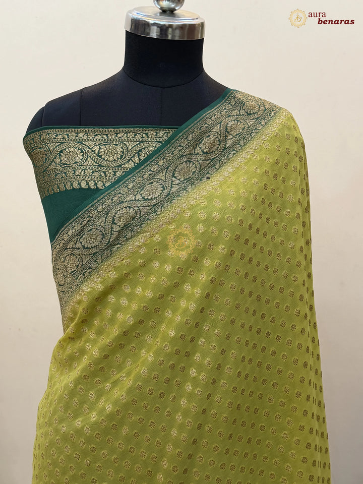 Dusty Green Banarasi Georgette Saree Antique Zari Buti