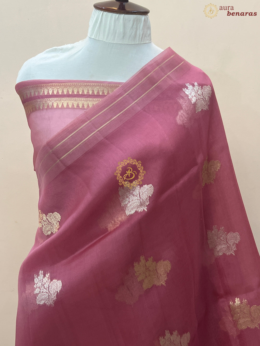 Onion Pink Pure Banarasi Handloom Kora Silk Saree