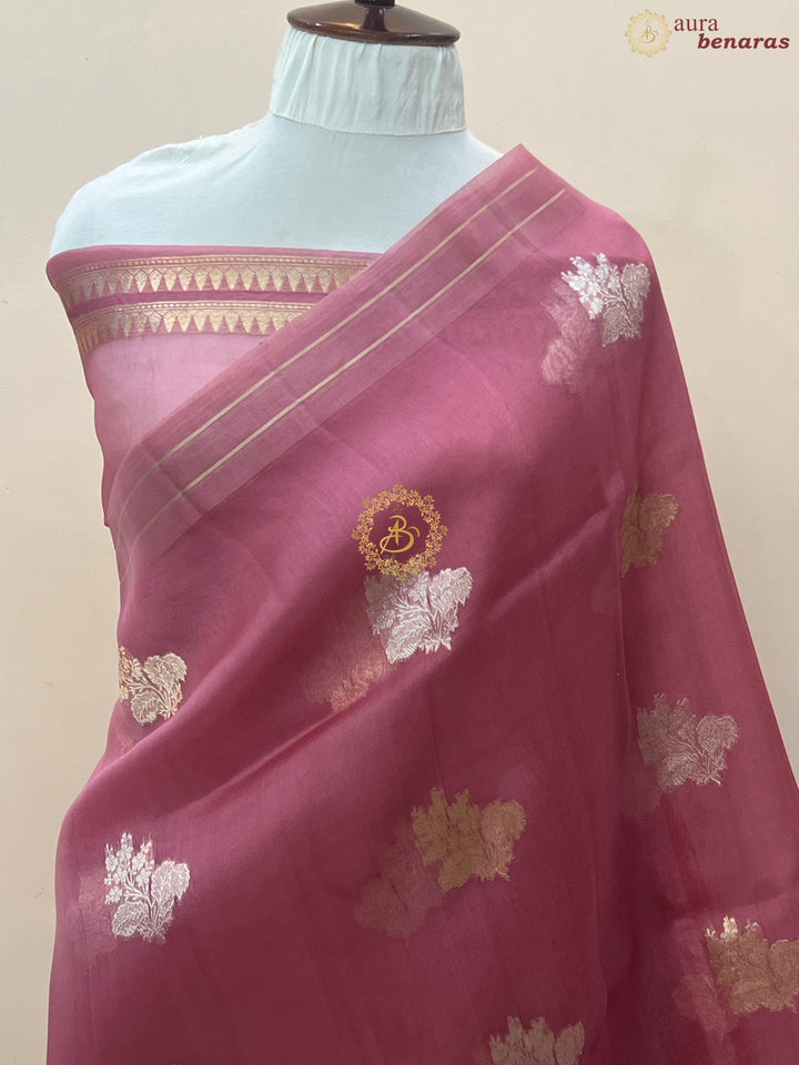 Onion Pink Pure Banarasi Handloom Kora Silk Saree
