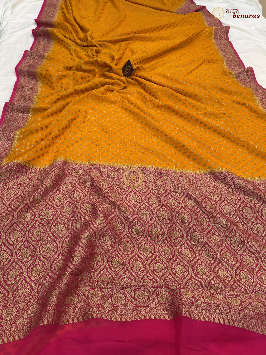 Orange Banarasi Georgette Saree Antique Zari Buti